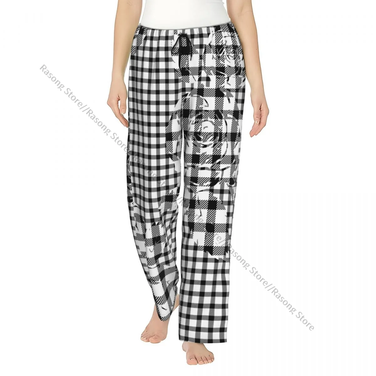 

Cozy Flannel Pajama Pants for Women Black Plaid With Flowers Sleep Bottoms Home Loungewear