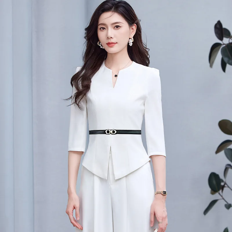 Korean Style High-End Long Sleeve Dress for Beauticians2025New Style Elegant Youthful Waist-Slimming Two-Piece Set Dress