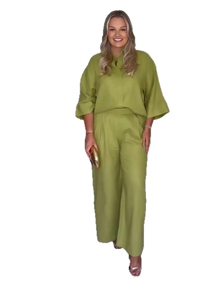 Nowy zestaw damskich spodni z klapami i rozcięciem na dole Casualowa koszula Top + elastyczne kieszenie w pasie Damskie długie spodnie z szerokimi nogawkami 2-częściowy dres