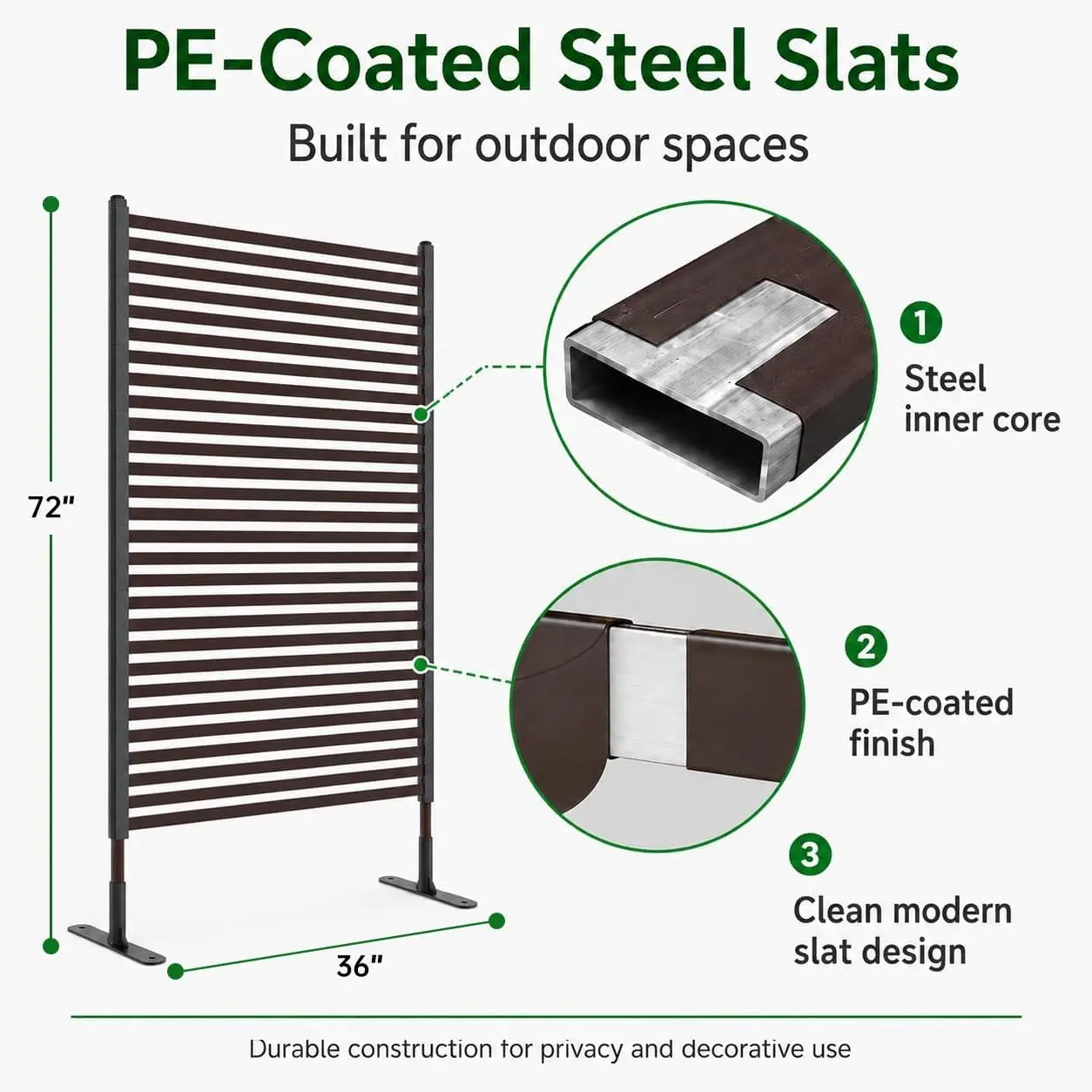 Metal Outdoor Privacy Screen Freestanding, 3 ft W x 6 ft H Rustproof Steel Pipes and Slats Panels, Decoative Privacy Screen