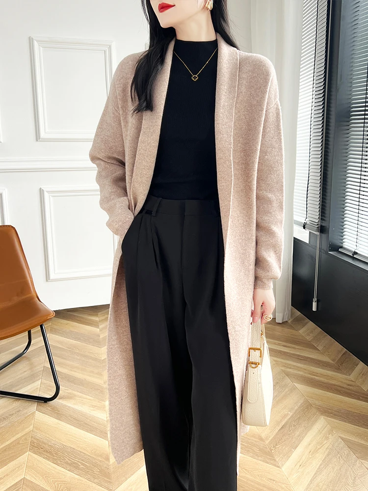 2024 Women Long Cardigan Cashmere Sweater Spring Autumn Winter Office Lady Loose Coat 100% Merino Wool Knitwear Korean Fashion