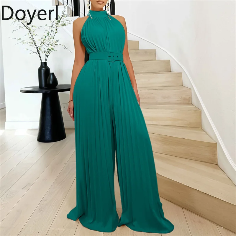 

Doyerl Elegant Pleated One Piece Jumpsuit Women Birthday Club Party Loose Fit High Waist Formal Rompers and Jumpsuits with Belt