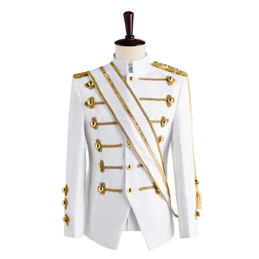 

Men Sequin Uniform MJ Dance Wear Glitter Black White Vintage Michael Jackson Stage Jacket with Tassel