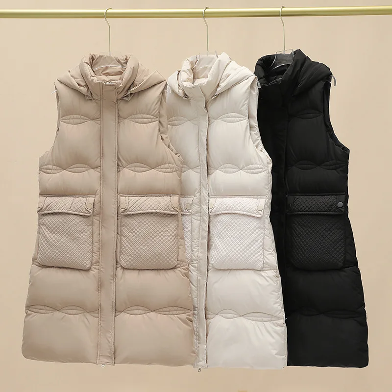 

Long Women Cotton Vest Female Winter Hooded Down Cotton Vest Big Yards Thicke Tank Tops Coat High-Quality Lady Sleeveless Jacket