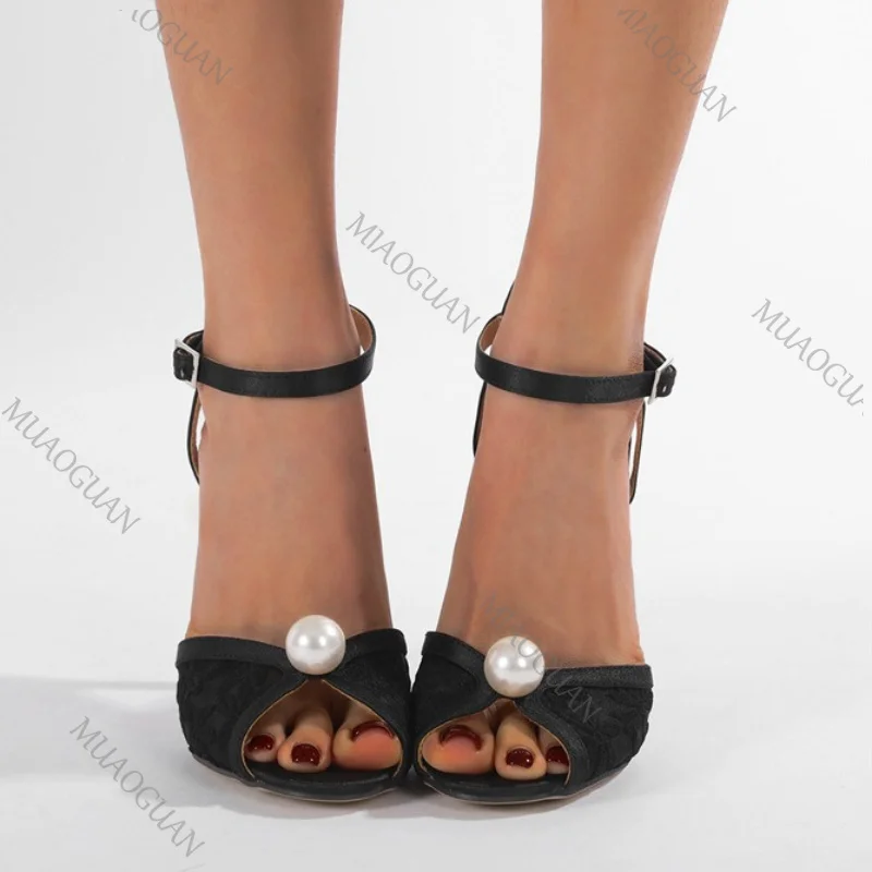 Fashion Pearl Hollow Out Buckle Women Sandals Strap Sexy Design Party Peep Toe High Heels Pumps Summer Lace Wedding Heeled Shoes view 6