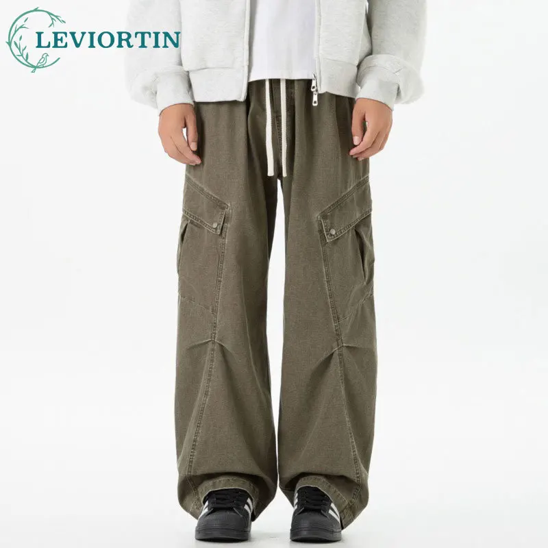 Men's Fashion Versatile Casual Relaxation Elastic Waist Design Straight Tube Multi Pocket Trendy Splicing Wide Leg Pants