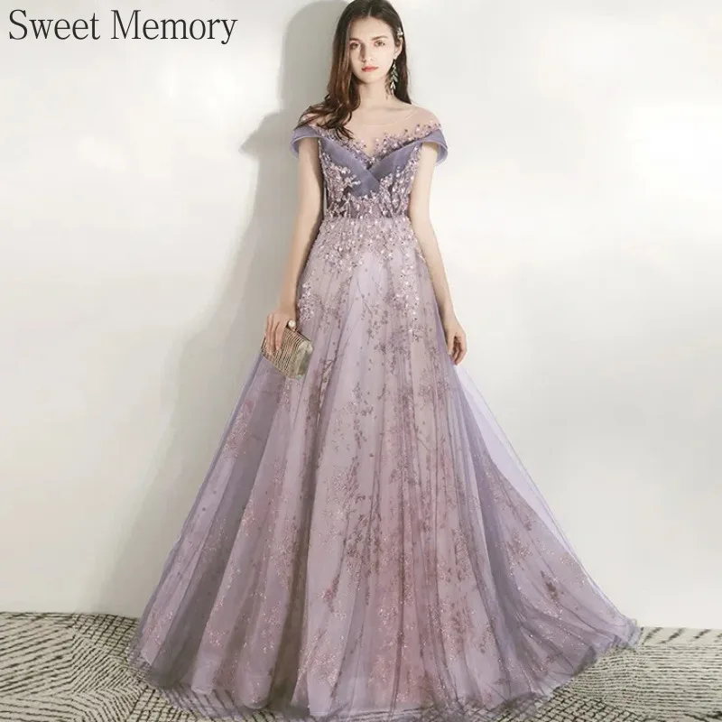 

N138 Customized Reject Return Light Champagne Grey Champagne Evening Dresses Sweet Memory Appliques Lace Up Mesh Tulle Dress