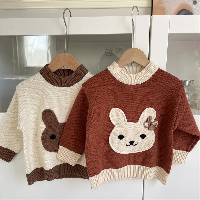 

Children Girls 2024 Winter Sweater Toddler Baby Girl Cartoon Rabbit Color Contrast Knitwear Tops Soft Sweet 1-6Y Girls Pullovers