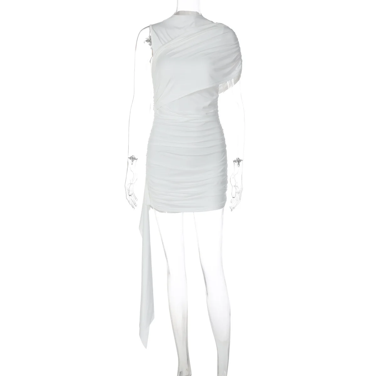 فستان Blifanbo ذو كتف مائل مكشكش ضيق للنساء بأكمام قصيرة وشريط مرقع أبيض أنيق للحفلات والنوادي جديد #6