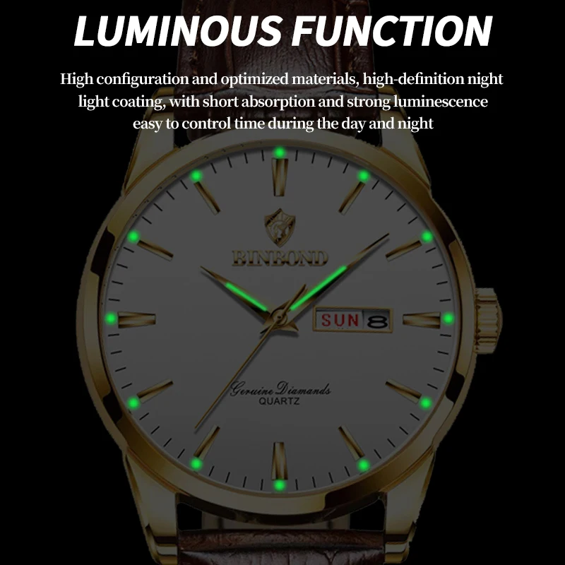 BINBOND Luxury Quartz Man Wristwatch Sport Men Watches Waterproof Luminous Date Week Real Leather Men\'s Watch Male Reloj + box