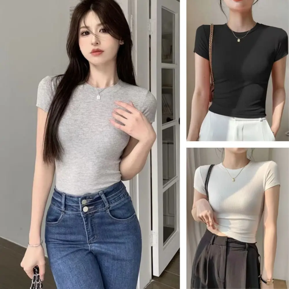 

Fashion Basic Short Sleeve T Shirt Pullover Round Neck Tees Shirts Women Undershirts All-match Slim Crop Tops Woman