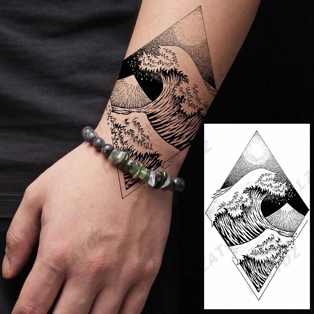 

Geometric Ocean Wave Temporary Tattoos For Men Adults Realistic Moon Sun Cross Fake Tattoo Sticker Holiday Body Art Tatoos