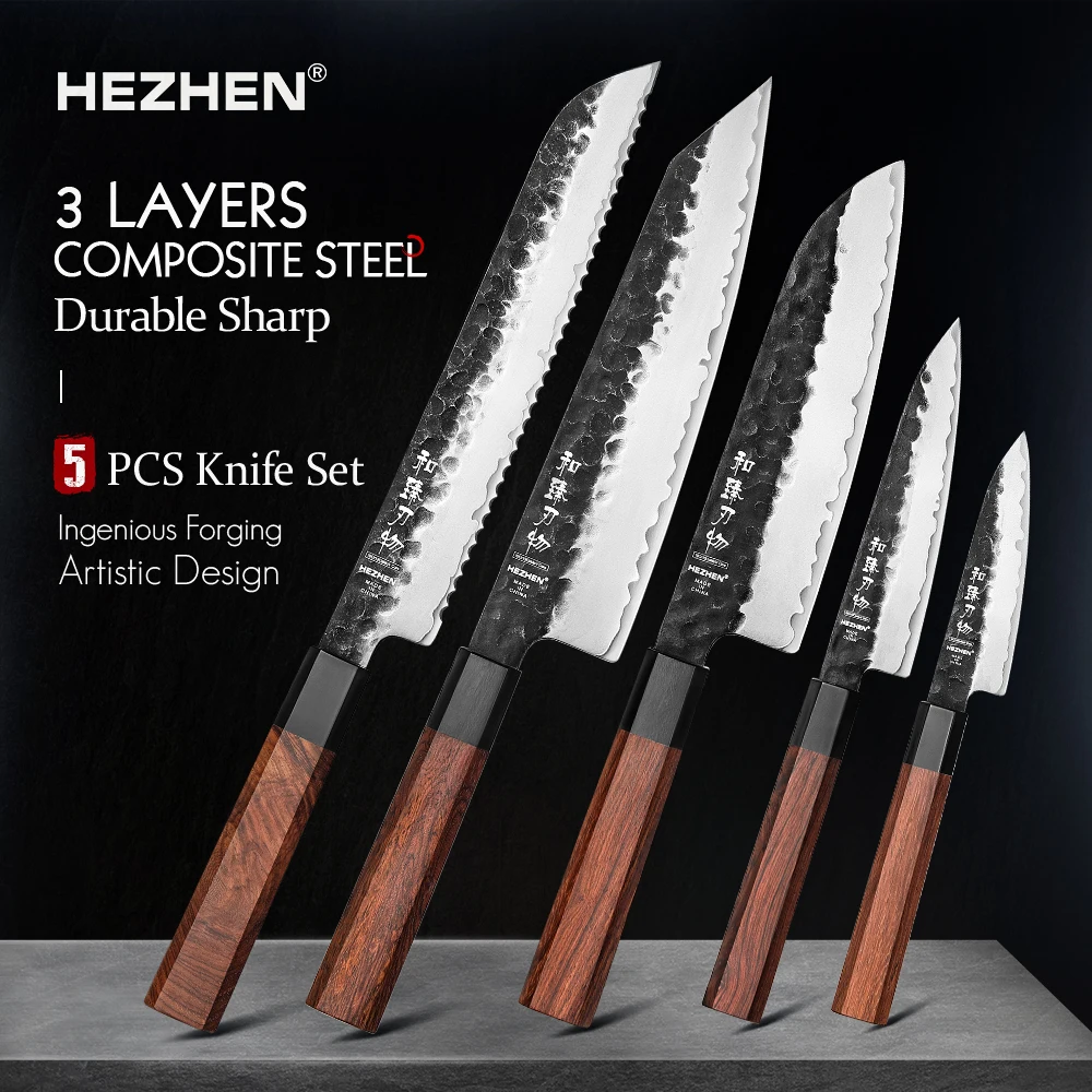 HEZHEN 5PC Kitchen Knife Set Stainless Steel Composite Steel  Slicing Chef Santoku Nakiri Utility Red Wood Handle Gift Box