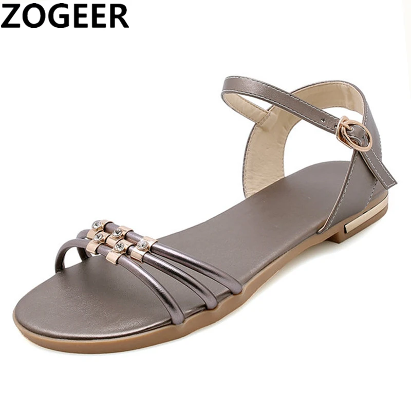 Sandalias cómodas de cuero genuino para mujer, zapatos planos, Blanco sólido dorado, talla grande 45 46, chanclas, zapatos planos de playa para verano