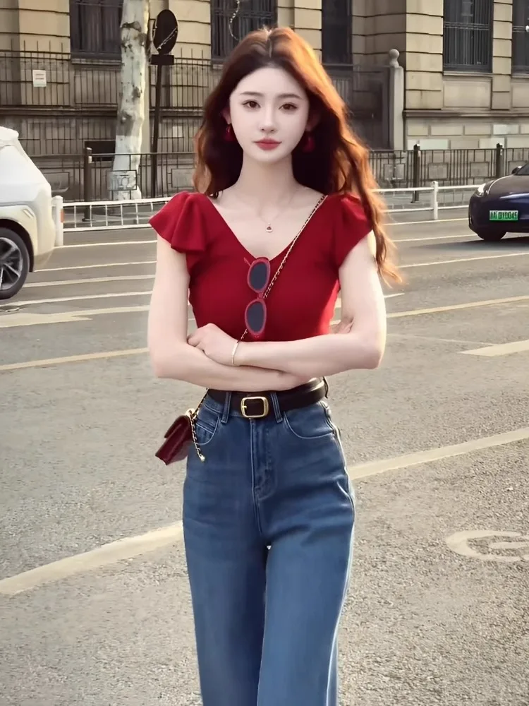 우아한 레드 니트 아이스 실크 여성용 탑 플라잉 슬리브 여름 신상 한국 스타일 슬림 핏 브이넥 반팔