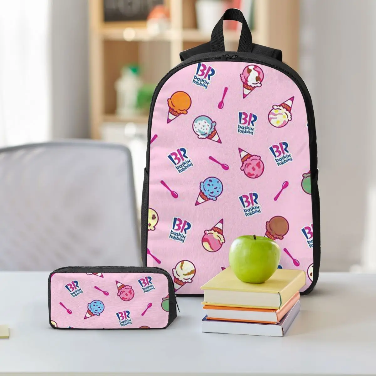 Baskin Robbins Ice Cream Backpack Student BookBag School Bag Shoulder Bags 3ps Insulated Lunch Bag Pencil Case