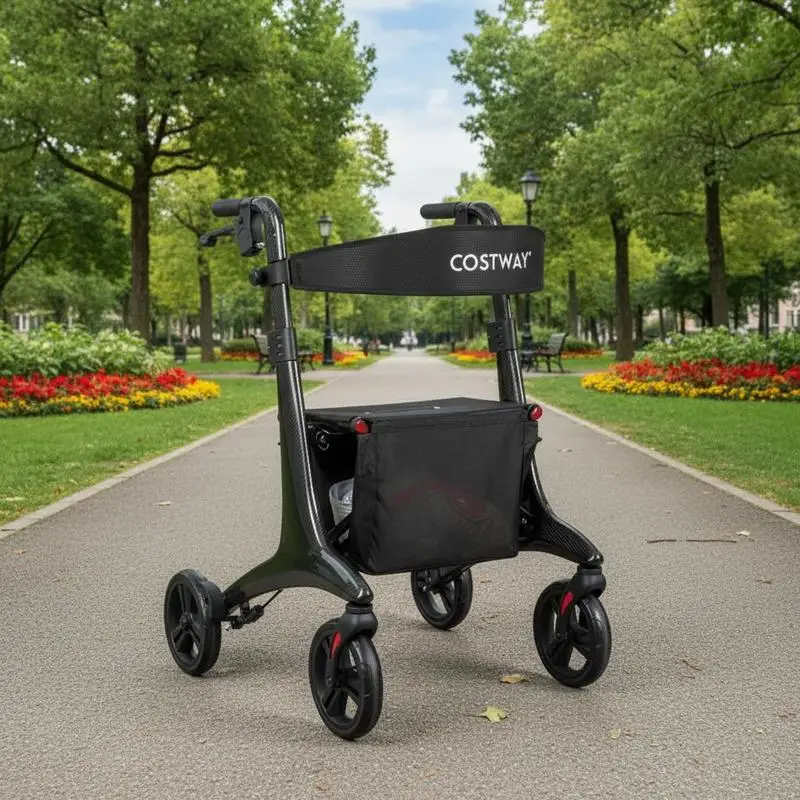 Carbonfaser-Rollator 2-in-1 Faltbar Höhenverstellbar Geräuscharm Universalräder Rutschfester Rollator mit Aufbewahrungstasche für Senioren