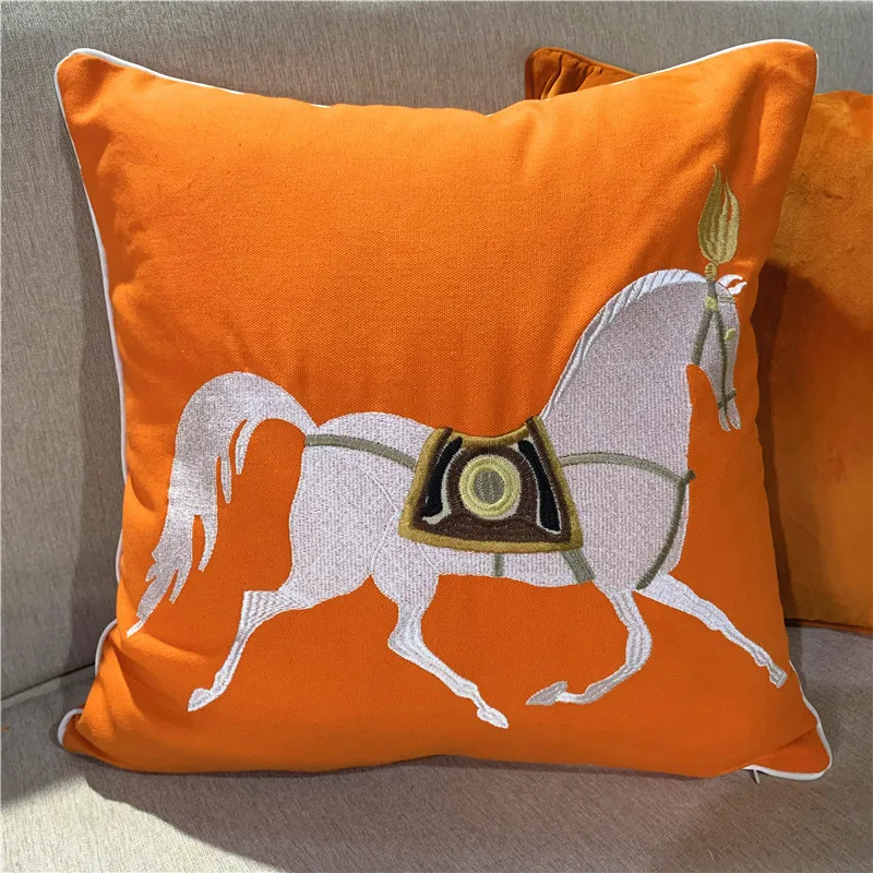 Modern Cotton Embroidery Horse Luxury Decorative Pillow Case White Canvas Sofa Chair Cushion Cover 45x45cm 1pc/lot