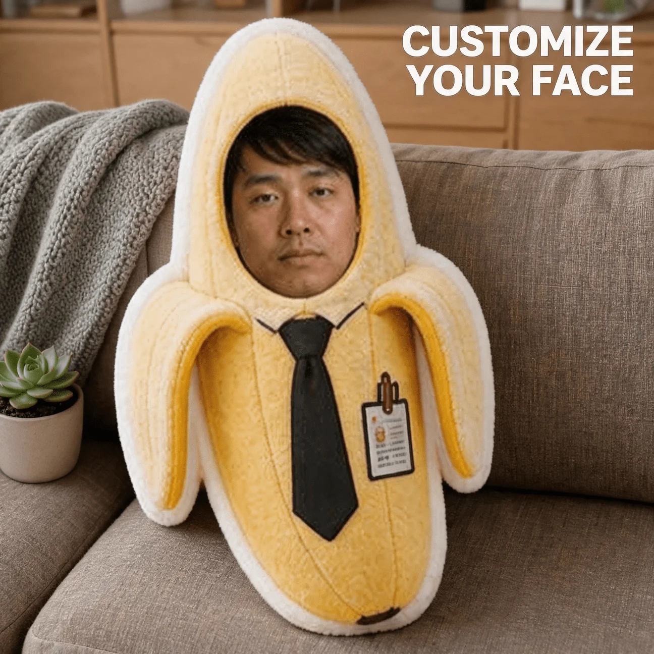 Custom Face Banana Shaped Pillow, Personalized Photo Decorative Cushion with Tie & ID Badge Design, 60CM Accent Pillow for Sofa