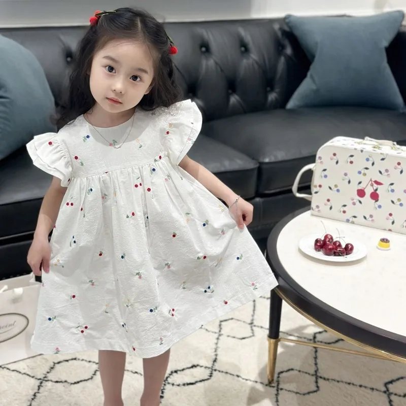 2024 BP Summer Floral Dress for Girls Cherry Embroidery Dress Children\'s Set Bohemian White Dress