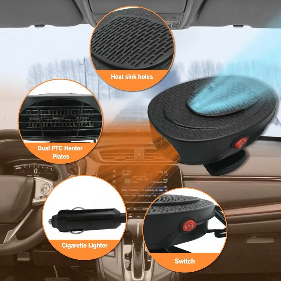 2 في 1 سخان سيارة ومروحة تبريد 150 وات 12 فولت مزيل الصقيع التلقائي وديميستر للوحة القيادة الزجاج الأمامي