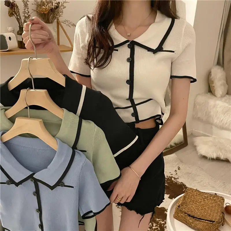 2023 Summer Han Reducing Age Outer Wear Cardigan Striped Contrast Short Sleeve Polo Neck Short Top Knitted Cardigan Crop Top