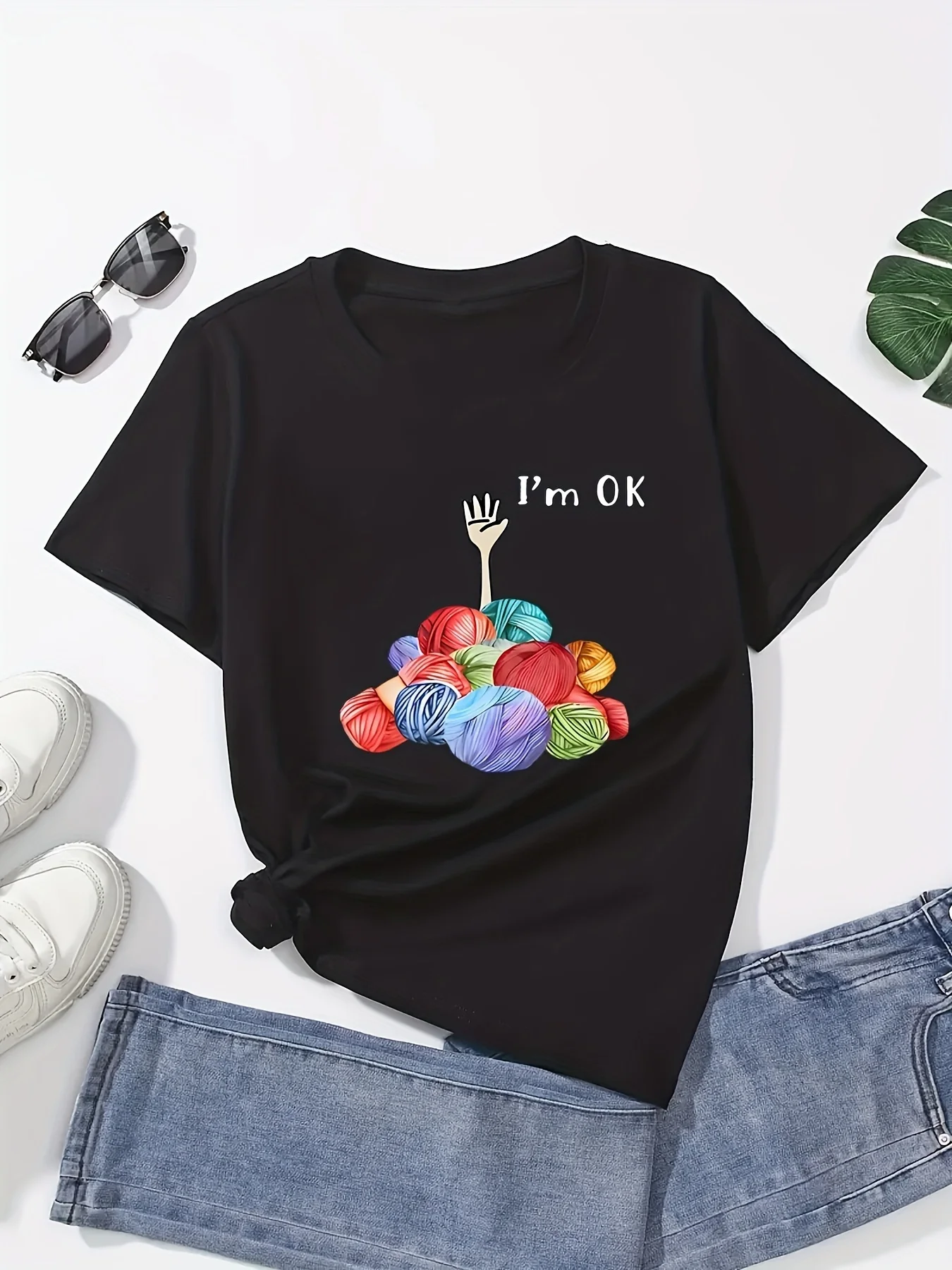 تي شيرت نسائي صيفي مع حروف "أنا على ما يرام" ونمط كومة الغزل الإبداعي مطبوع كاجوال برقبة دائرية وأكمام قصيرة قمة الموضة #4