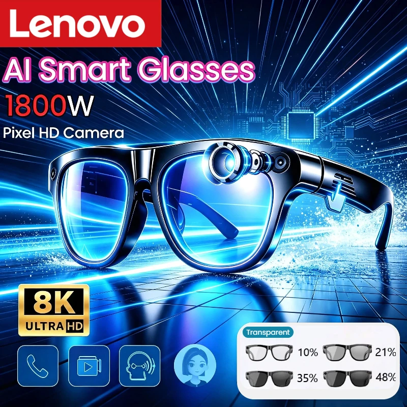 Óculos Inteligentes Lenovo com Câmera 8K HD, Bluetooth Sem Fio, Chamadas, Tradutor, Assistente de Voz e Óculos de Sol Inteligentes