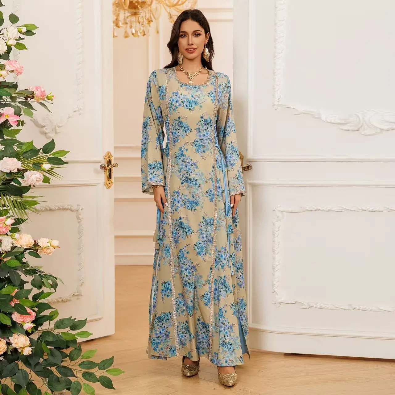 

Длинный халат Dr Ele с высокой талией и принтом Ближнего Востока, юбка трапециевидной формы, повседневная одежда, длинный материал из другого материала...