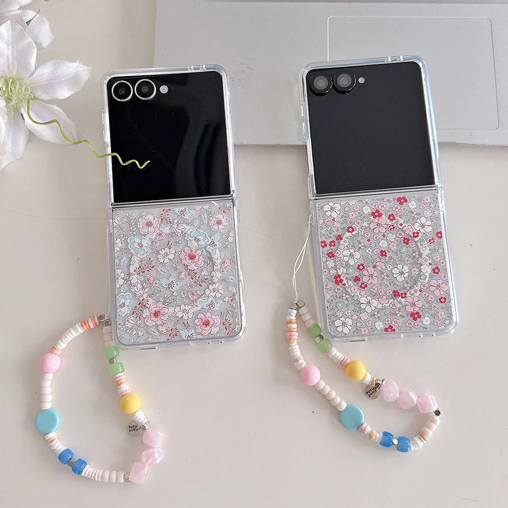 Phone Case for Samsung Galaxy Z Flip7 Flip8 Clear Vintage Floral Magnetic Ring Cover  Shockproof Foldable Flip Phone Cover
