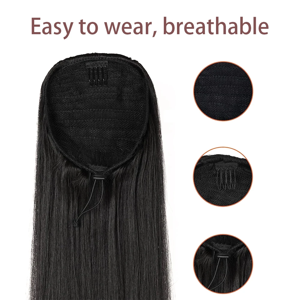 36 inches Black Natural long straight Drawstring Ponytail - Women's Easy-Attach Synthetic Extension for Voluminous Look