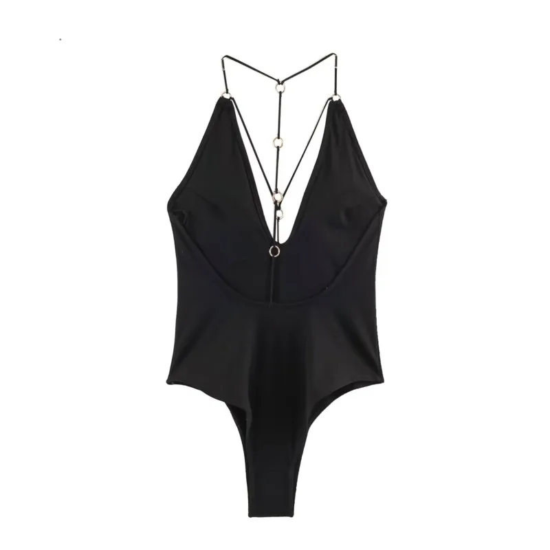 Women's Swimwear Bodysuit 2026 Halter V-neck Backless Metallic Eyelet Playsuit Beach Style Thong Bottom Sexy Fashion Bodysuits