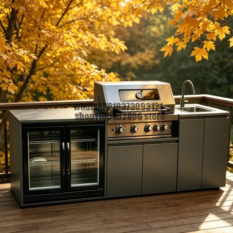 Modular Practical 304 Stainless Steel Outdoor Kitchen Sets With Grill Cooktop Sink Fridge LED For Backyard Patio Garden Modern
