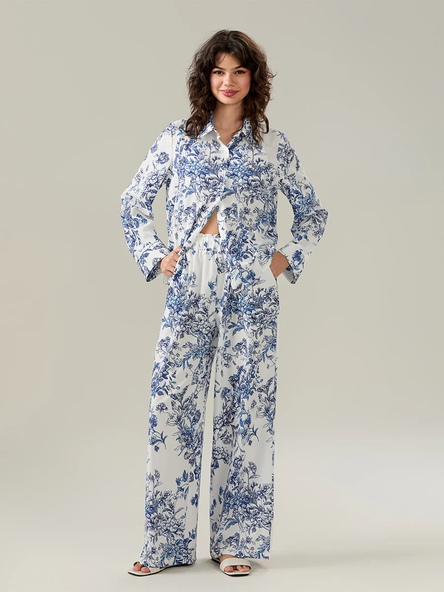 New Women Floral Print Pajama Set Lapel Neck Button-Up Long Sleeve Tops Long Pants 2-Piece Loungewear Outfit Hot Sale S-XL