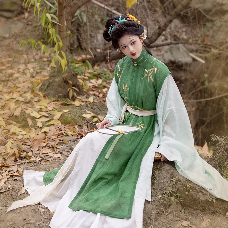 

Оригинальный женский комплект Ханьфу Tongwan, модель OW, с широкими рукавами, высоким воротником, с принтом «Бамбуковая ветвь», синий цвет, коллекция Весна 2024