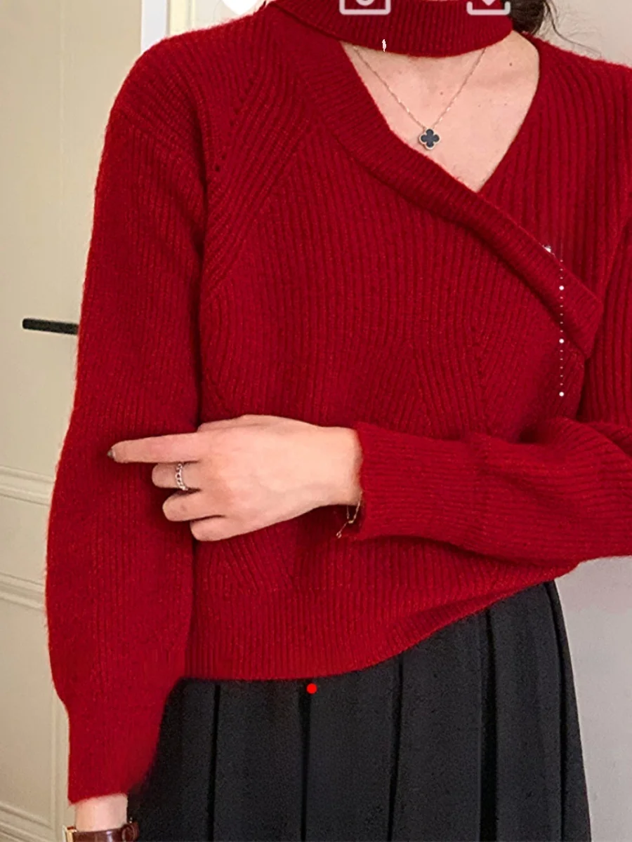 

White Enhancing Ne Hanging Hollow Knitted Sweater V-Ne Design Pure Color Long Sve Crew Ne Pullover Autumn Faion