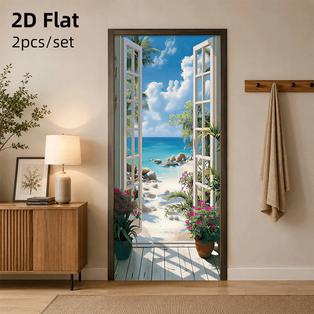1 piece of seaside scenery door sticker, tropical beach palm tree decoration sticker, waterproof self-adhesive bedroom living ro