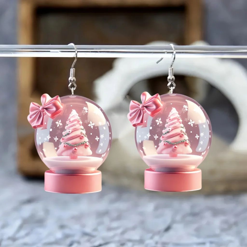 2024 Fashion Colorful Snowball Tree Dangle Earrings Pink Bow Drop Earring for Women Christmas Party Prom Jewelry Gifts