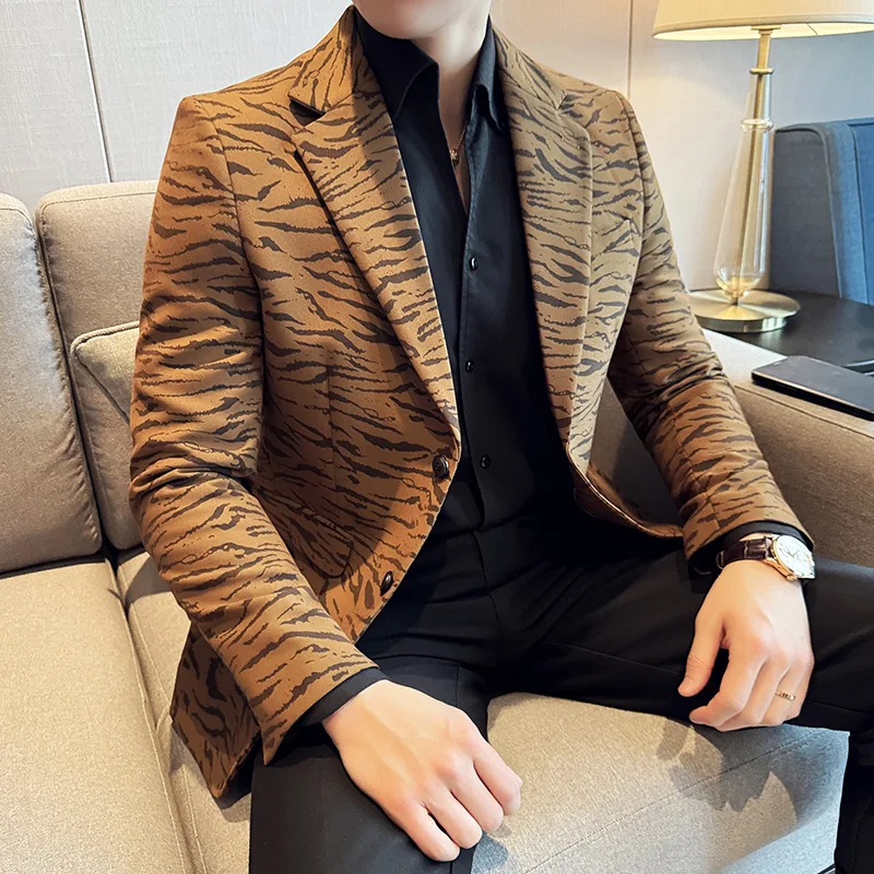 2024 Autumn New Men\'s Leopard Print Suit Jacket Blazer High-quality Slim Fit Business Fashion Social Tailcoat Dress Suit Jacket