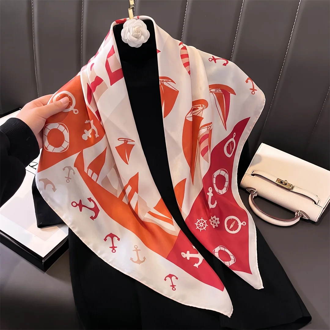 New Square Silk Scarf Women Fashion Designer Beautiful Sailboat Print Soft Satin Shawl Kerchief Scarfs Neck Headscarf 90cm