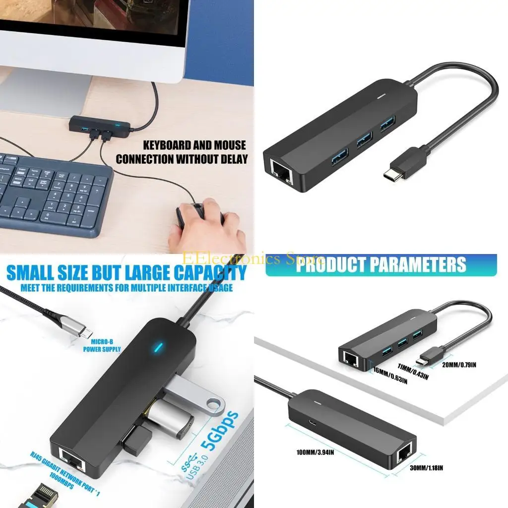 B03C Type C Adapter With 1000Mbps Ethernet Port And 3 Super Speed USB3.0 Port For Data Transfer And Cored Connection