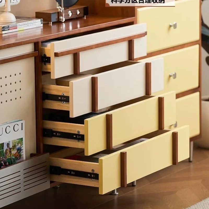 

storage side cabinet, small apartment contrasting color drawer cabinet, chest cabinet against the wall, dining side cabinet