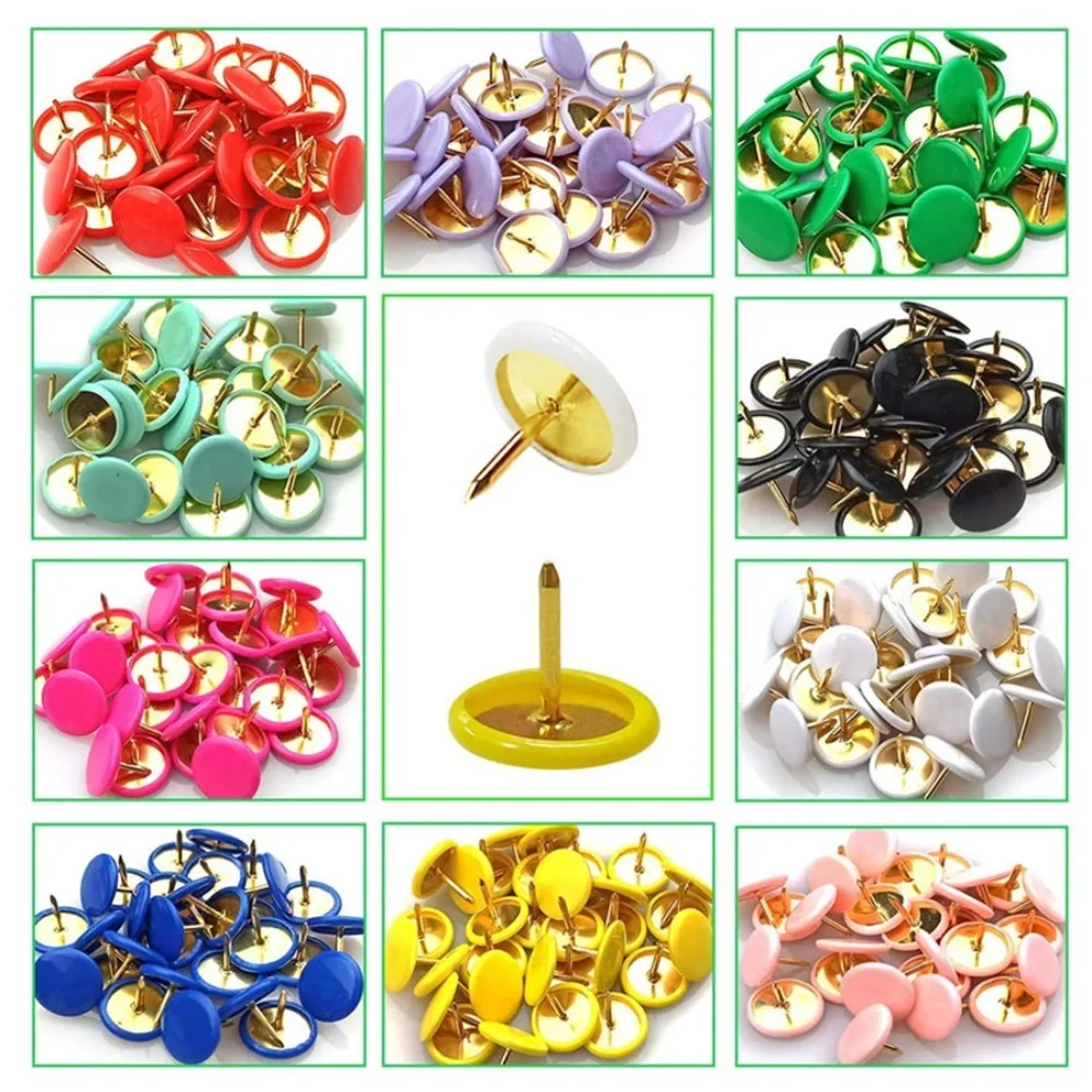 100Pcs Notice Board Round Push Pins Tacks Point Bulletin Drawing Decorative Thumb Tacks Round Head Metallic Color Map Tacks