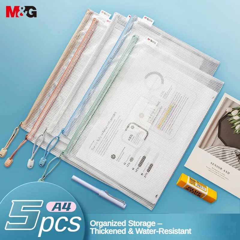 

M&G 5pcs A4 Mesh Zipper Bags, Morandi Colors, Waterproof Pastel File Pouches for School Supplies, Travel, Office Organization
