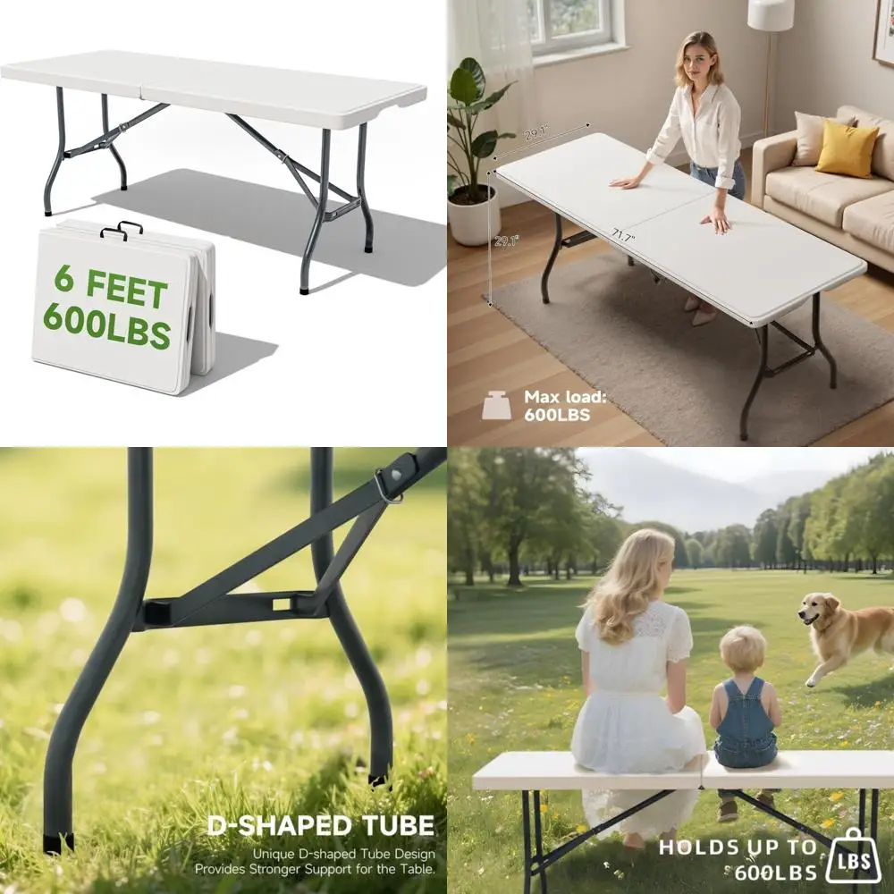 

Heavy-Duty 6-Foot Folding Table with 600lbs Capacity, Sturdy and Portable for Camping and Outdoor Events