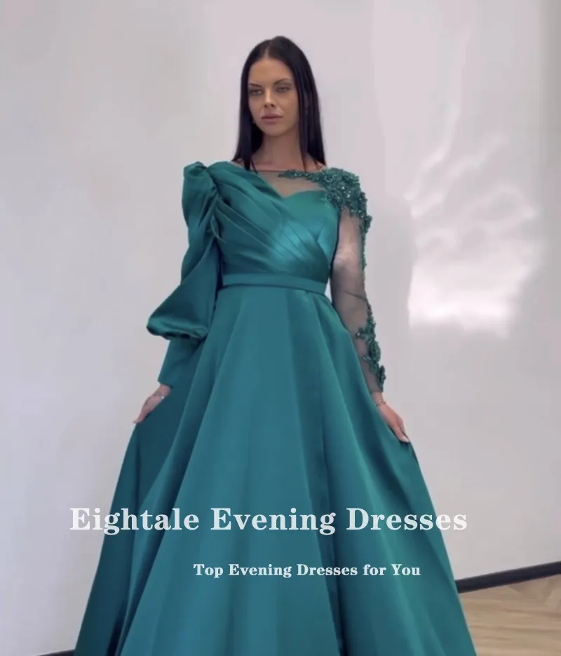 Eightale Green Evening Dress for Wedding Party Long Sleeves O-Neck Satin Appliques Beaded Dubai Customized Formal Prom Gowns