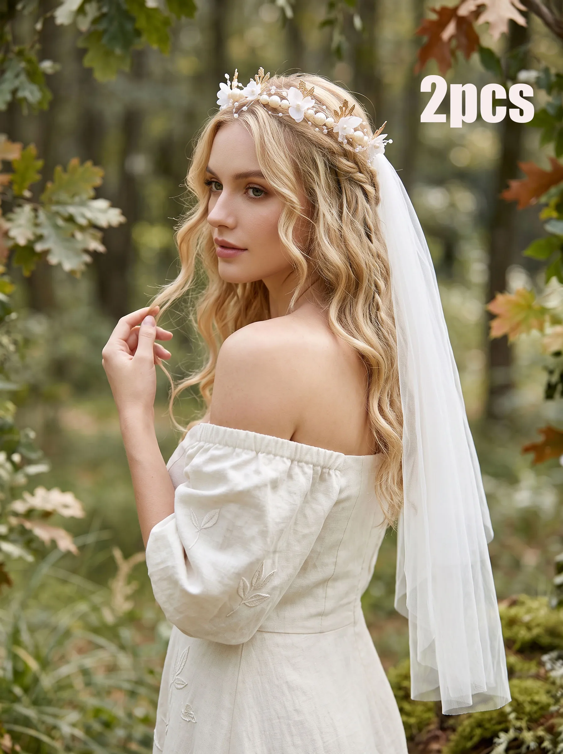 2Pcs Women Pearl Floral Leaf Headband & Long Tulle Veil Hair Clip Set, Wedding Bridal Accessory for Birthday Party