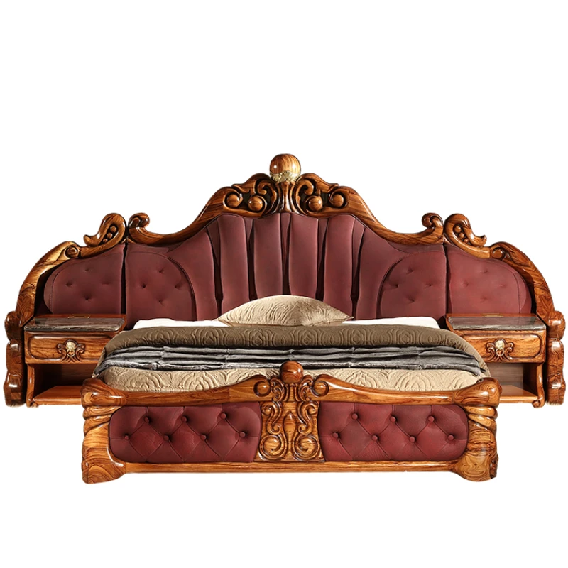 European ebony solid wood leather double bed, villa large apartment high-end master bedroom furniture
