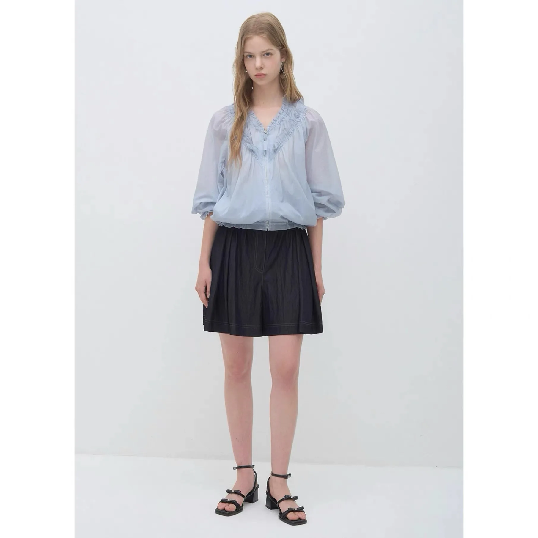 Elegant Fashionable V-Neck Lemon Remote Control Light Jacket Sun Protection Clothing Pleated Drawstring Thin Outerwear