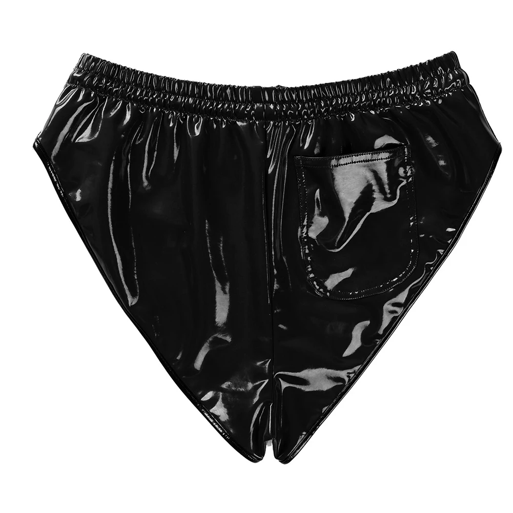 Bragas sexys de aspecto húmedo para mujer, bragas negras de cuero Pu brillante, Tanga exótico, lencería con bolsillo